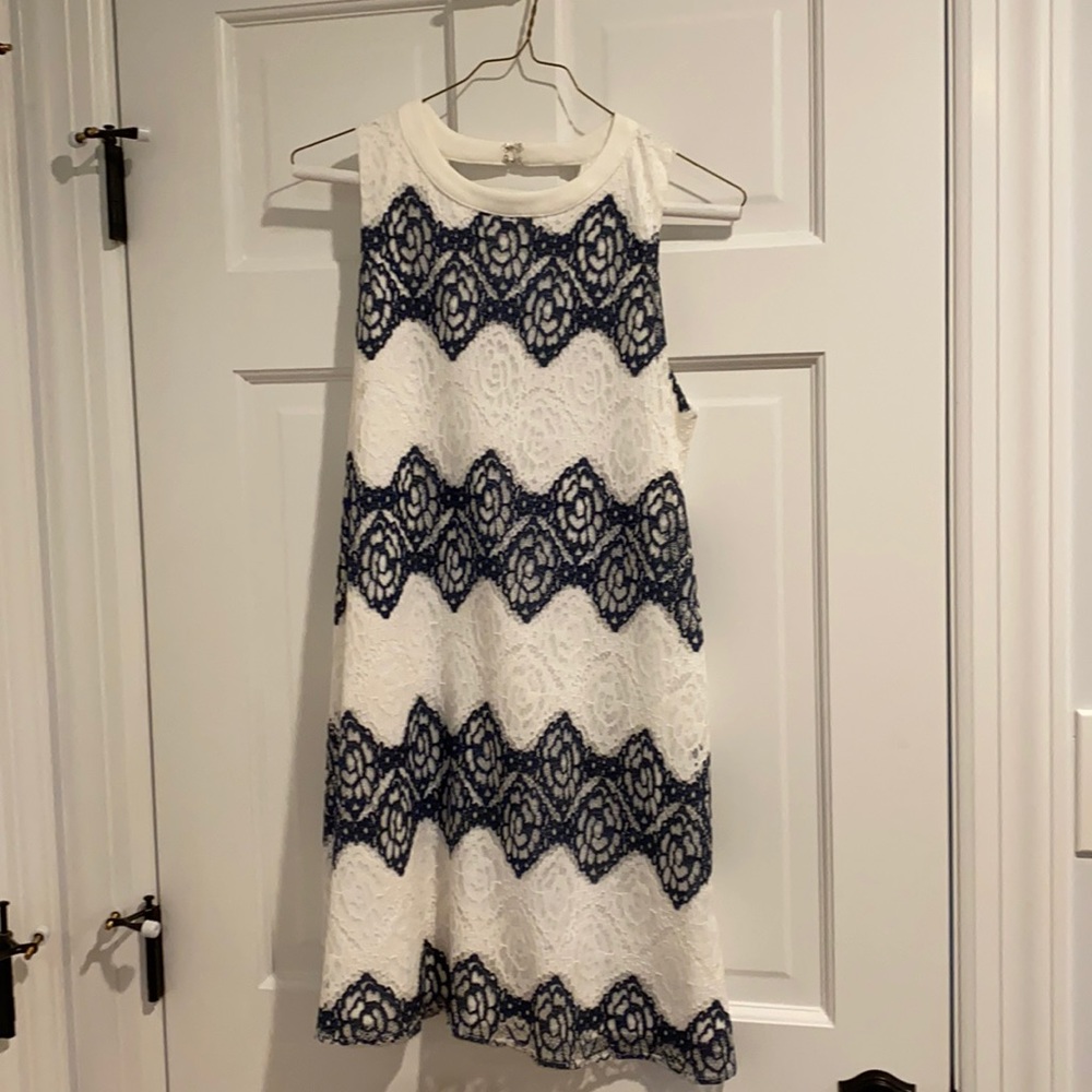 Blue and white shift dress